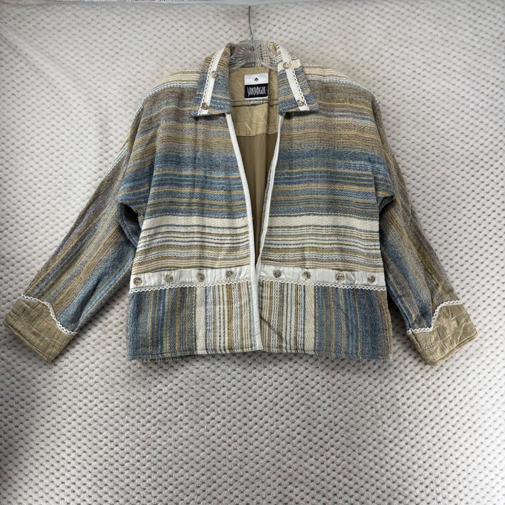 Yak Magik Jacket Women's Medium Blue Beige Cream Striped Hippie Boho‎ Textured